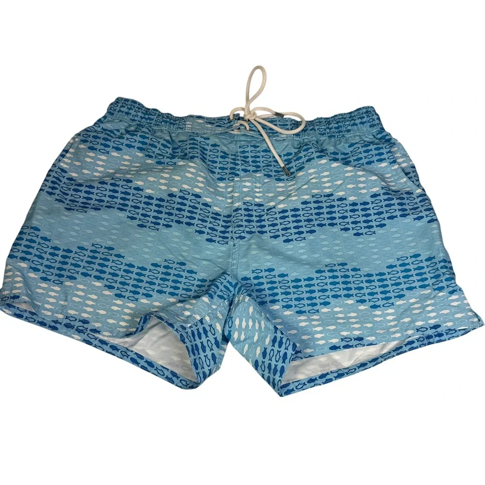 2(X)IST Mens Blue Fish Print Swim Trunks Mesh‎ Lined Drawstring Shorts Size L